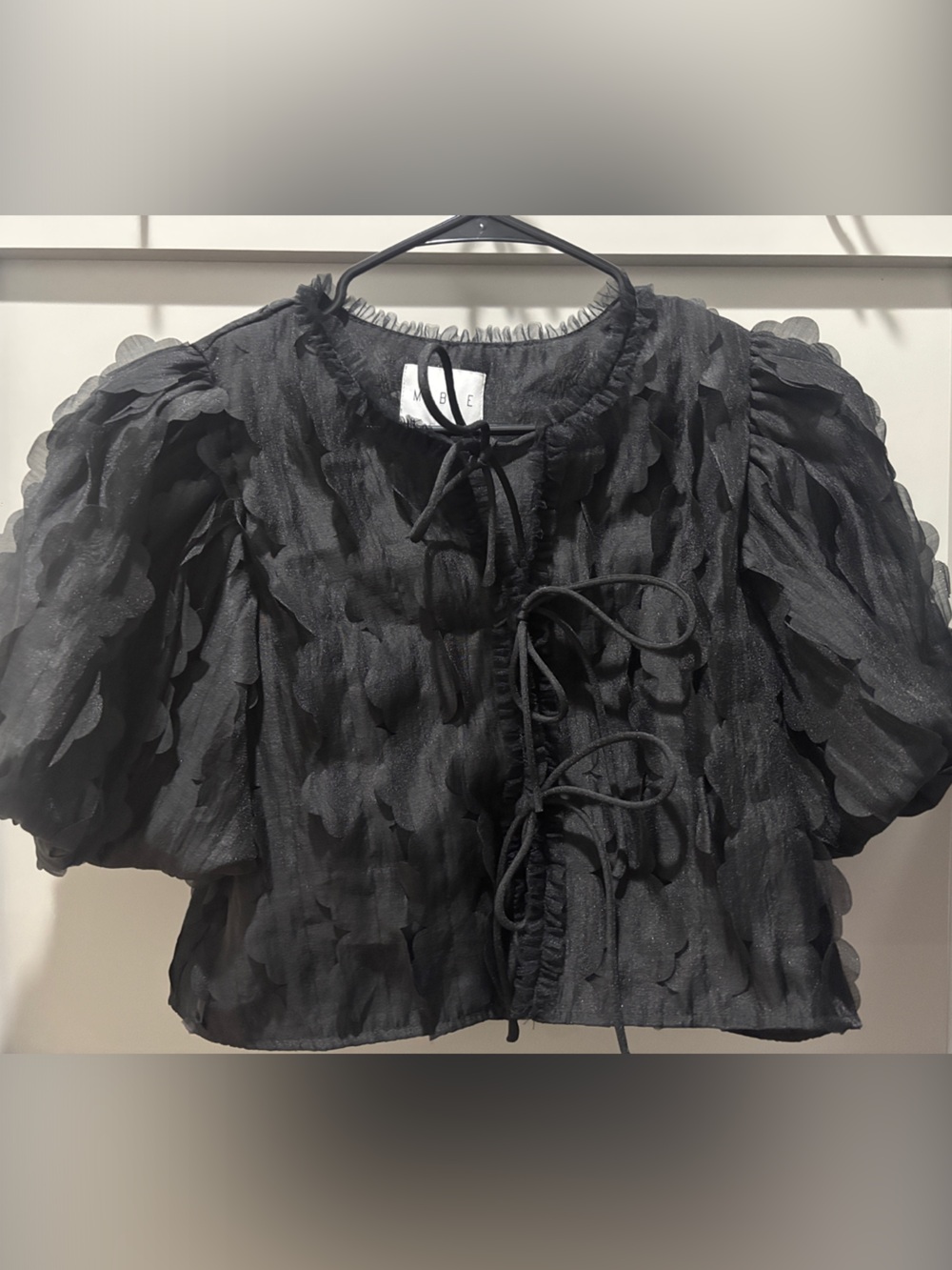 Black Puff-Sleeve Tie-Front Blouse
